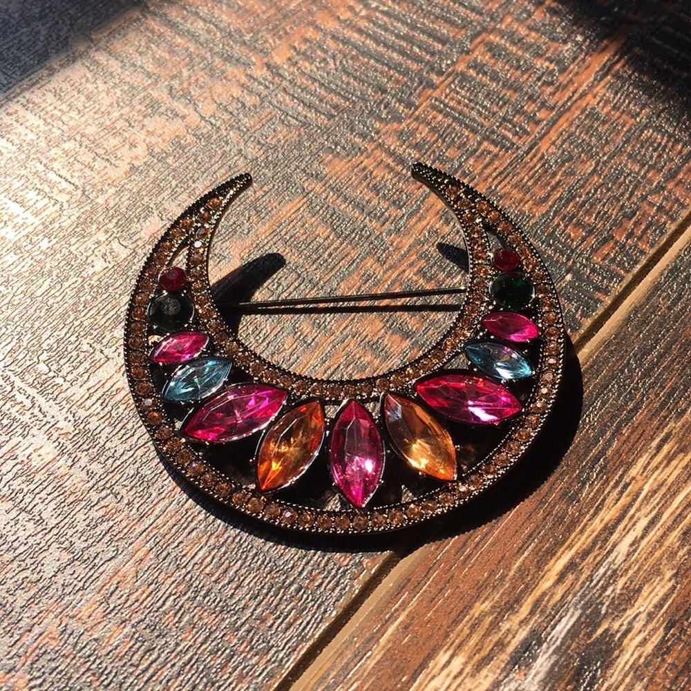 Multi-Color Stone Crescent Moon Pin